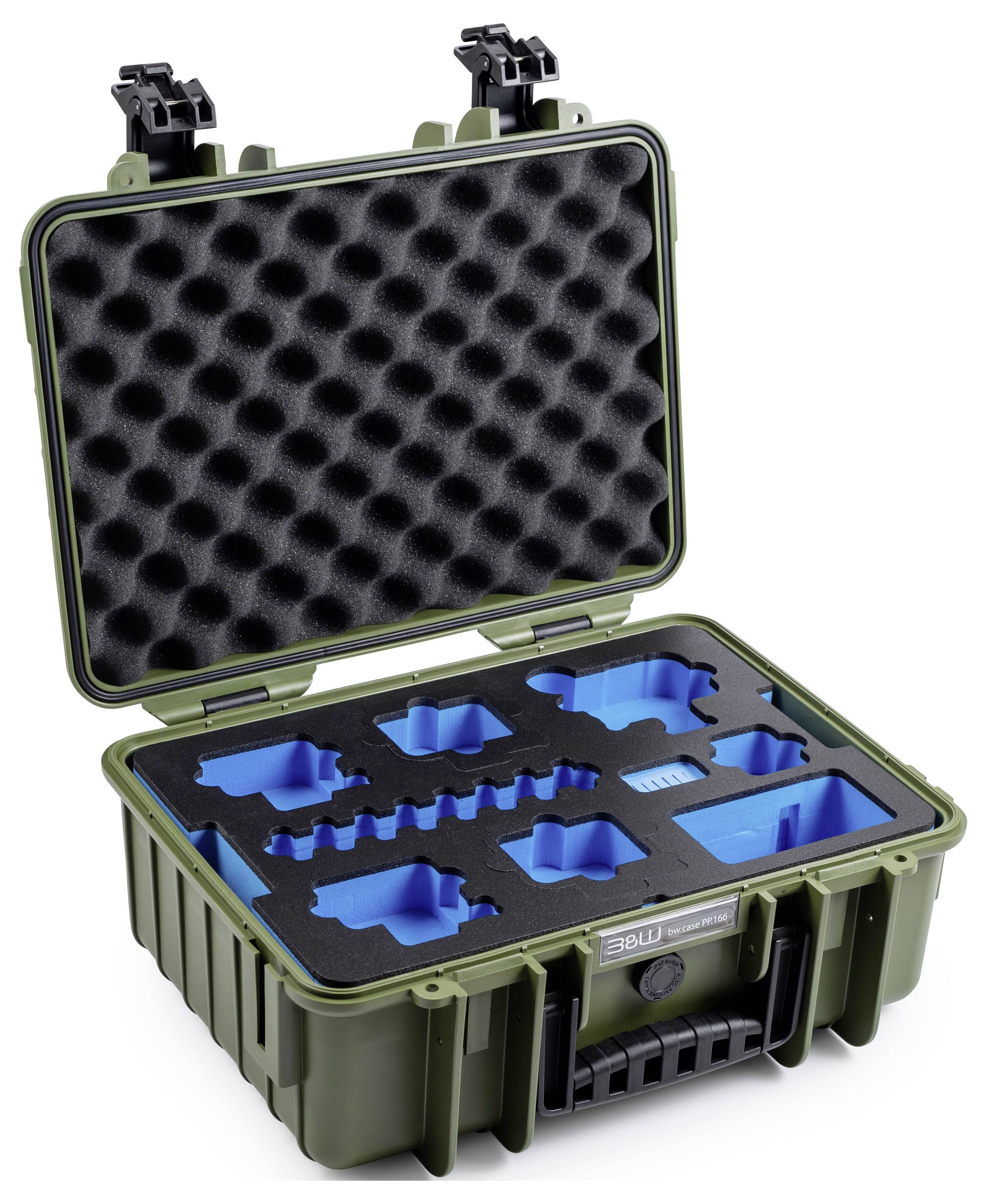 Un étui de protection ouvert, de couleur vert olive, avec rembourrage en mousse et des emplacements bleus conçus pour maintenir en sécurité plusieurs composants ou appareils électroniques.