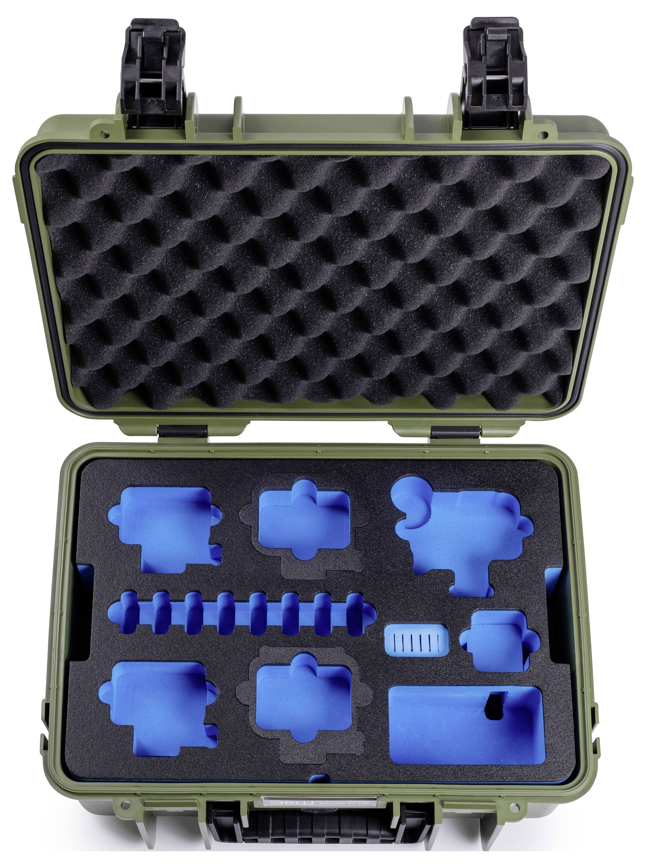 Un étui de protection vert ouvert avec un intérieur en mousse noir et bleu comprenant différentes découpes adaptées au rangement personnalisé d'équipements.
