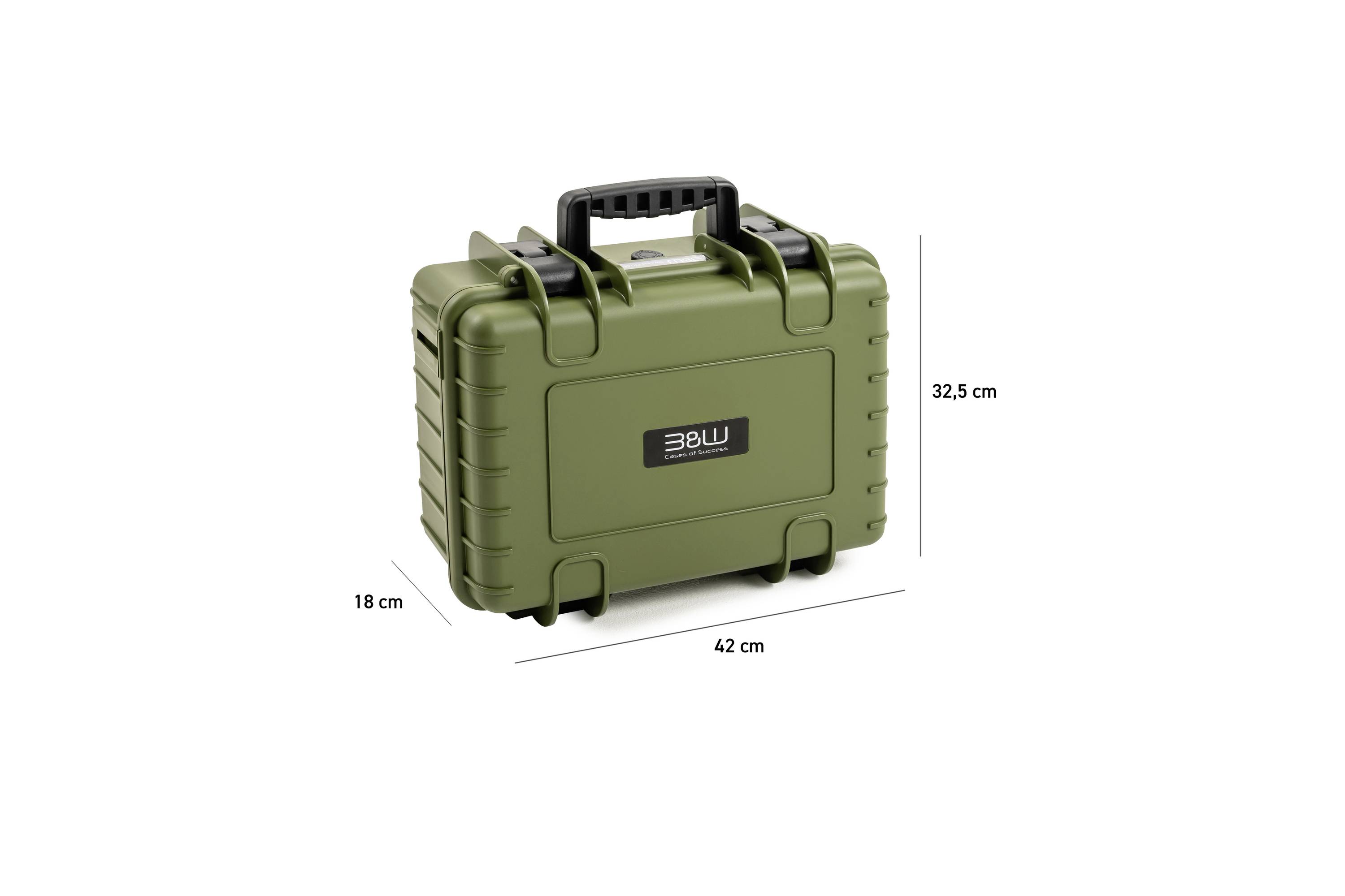 Un étui de protection vert avec une poignée, étiqueté '3BW', mesurant 18 cm sur 42 cm sur 32,5 cm.