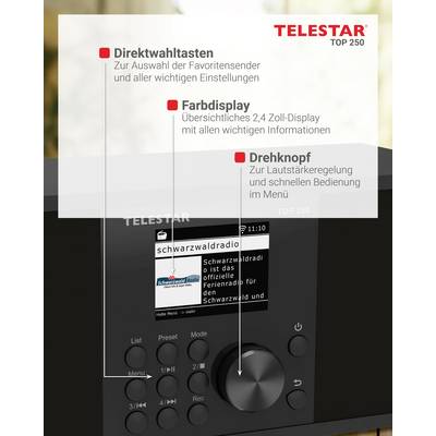 'Appareil radio avec bouton rotatif pour le volume, écran couleur pour les informations et touches de sélection directe pour les paramètres.'