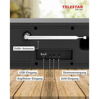 'TELESTAR TOP 250' Face arrière de la radio avec antenne DAB+. Présente les entrées USB, casque et AUX ainsi que l'alimentation électrique sur une table en bois.