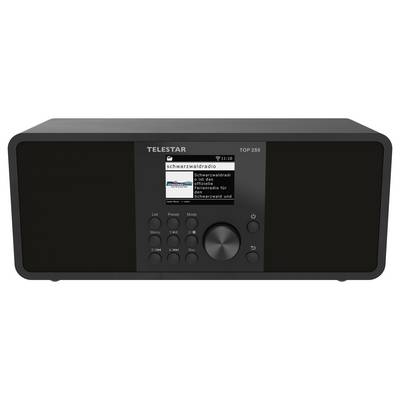 Un poste de radio numérique noir avec un écran affichant une chaîne nommée « Schwarzwaldradio ». L'appareil dispose de boutons et d'un haut-parleur de chaque côté.