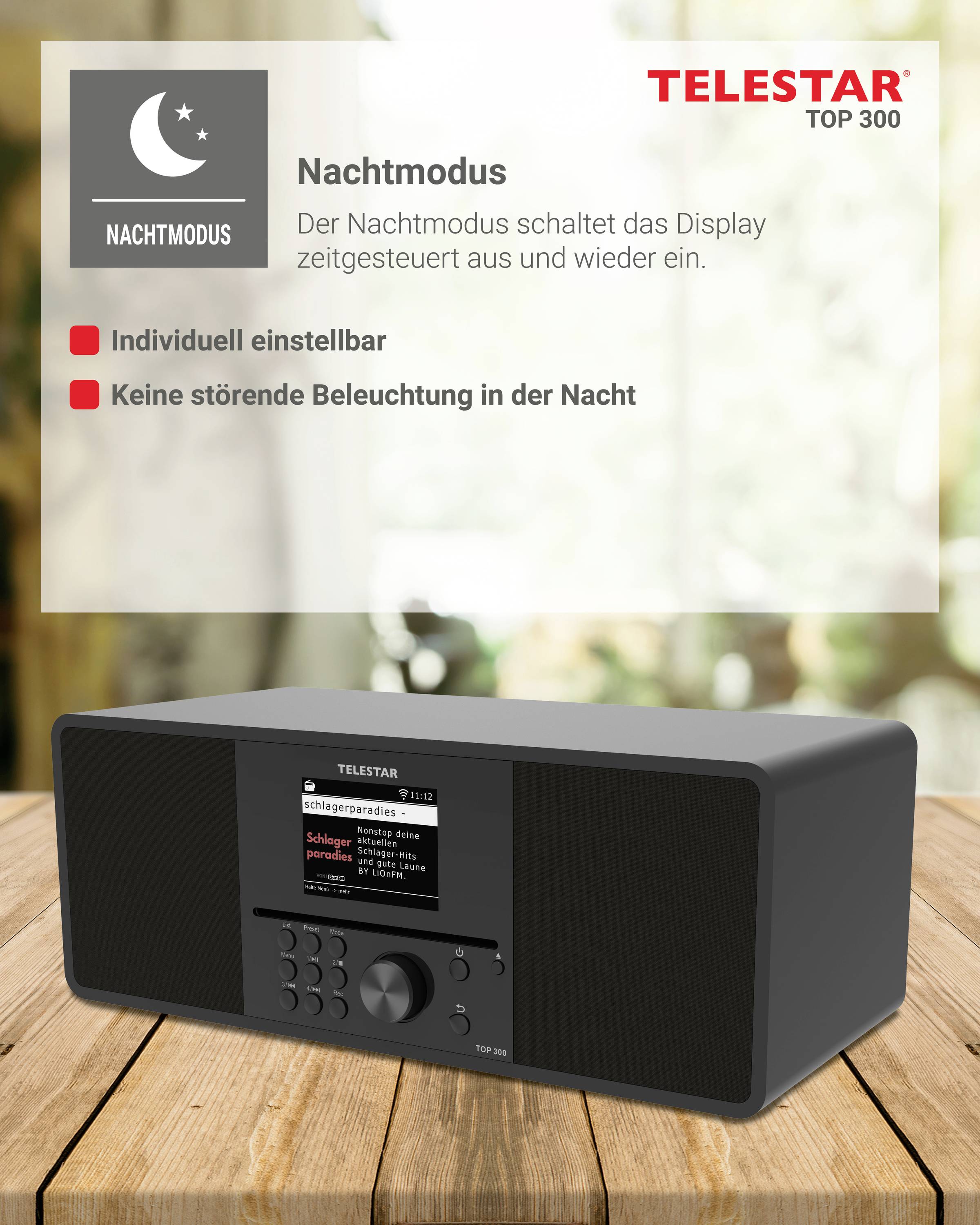 Prospectus du "Mode Nuit" - Radio posé sur une table en bois. Description des fonctionnalités : personnalisable de manière individuelle, sans éclairage nocturne.