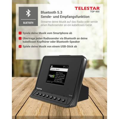 Fonction d'émission et de réception Bluetooth 5.3. Diffusez de la musique depuis votre smartphone. Transmettez des stations de radio via Bluetooth. Lisez de la musique depuis une clé USB.