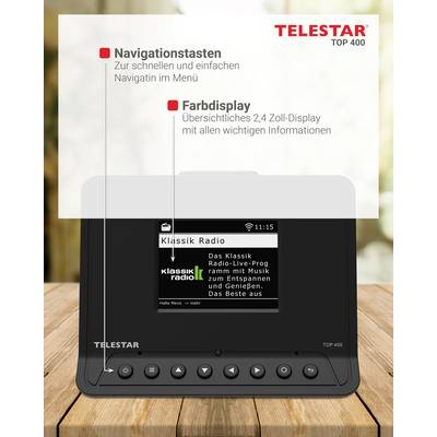 'TELESTAR TOP 400' Radiodisplay avec touches de navigation et de couleur, texte sur l'écran : 'Klassik Radio, Le Meilleur des programmes en direct de Klassikradio'.