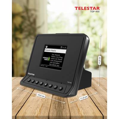 Radio numérique DAB+ 'TELESTAR TOP 400' avec touches, l'écran affiche 'Klassik Radio'. Dimensions : 15,0 cm de large, 11,0 cm de profondeur, 11,0 cm de hauteur.