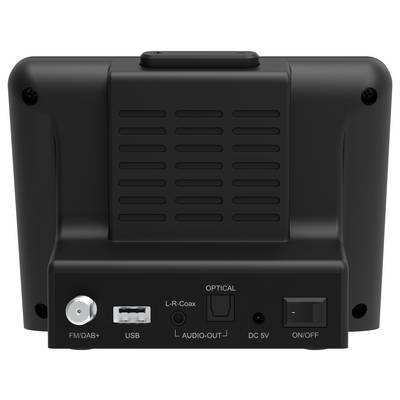 Vue arrière d'un poste radio numérique noir montrant divers ports : FM/DAB+, USB, Coaxial G-D, Optique, Sortie Audio, DC 5V, interrupteur Marche/Arrêt.