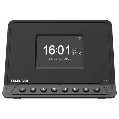 Un écran numérique affiche '16:01' et '14°C' sur une radio Telestar noire avec des boutons de commande en dessous.
