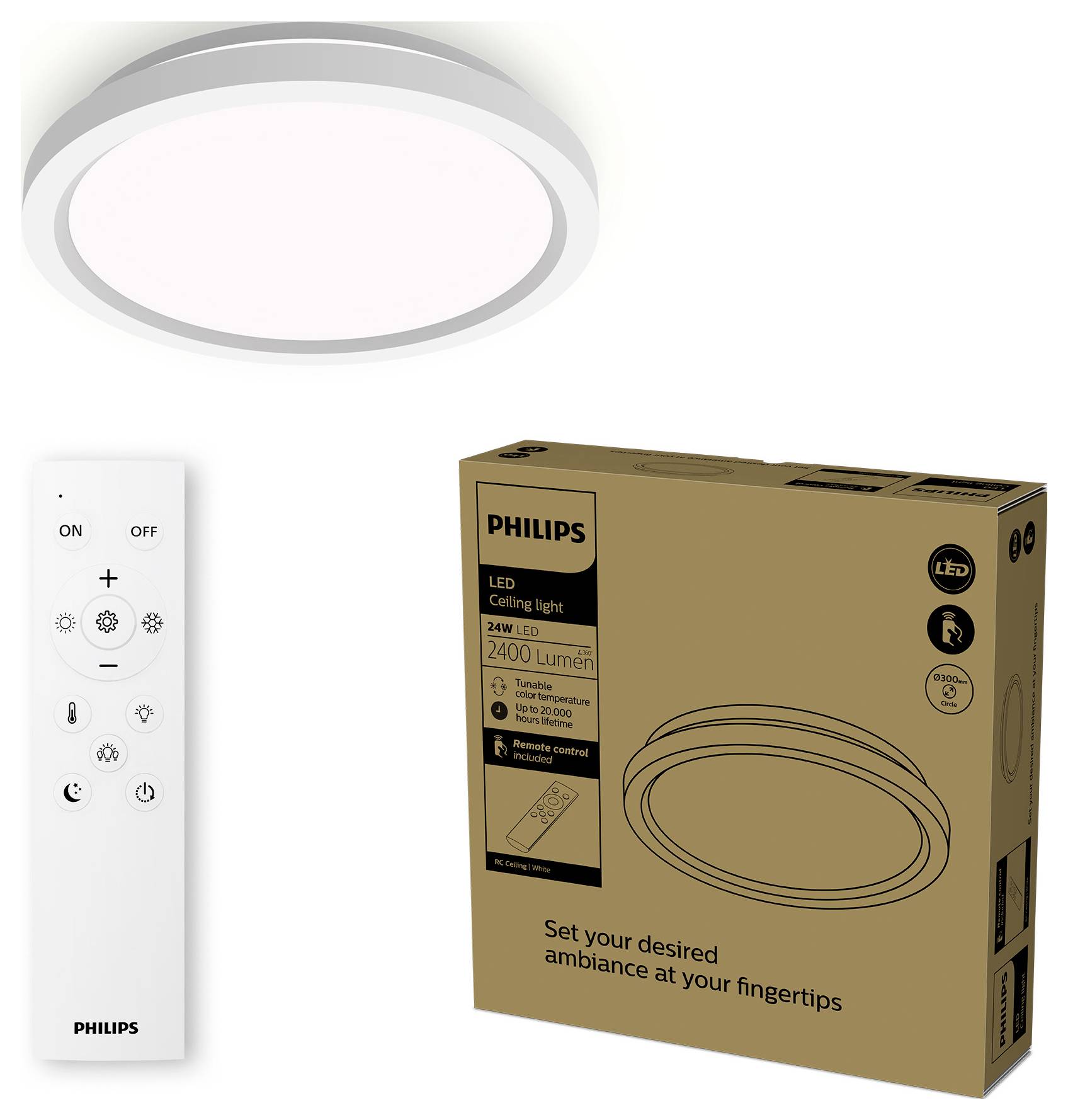 Plafonnier LED Philips avec télécommande, puissance de 24W, luminosité de 2400 lumens. Emballage marron avec illustration du produit sur la face avant.