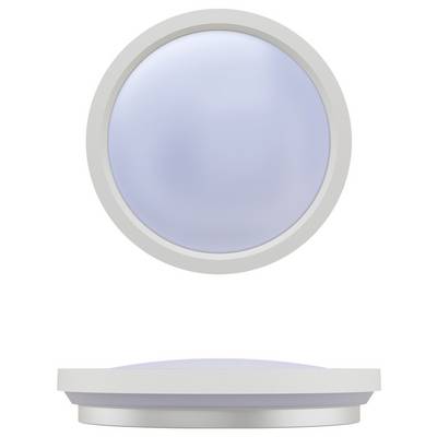 Une lentille ronde et convexe avec un bord argenté, vue de dessus et de côté, reflétant la lumière.
