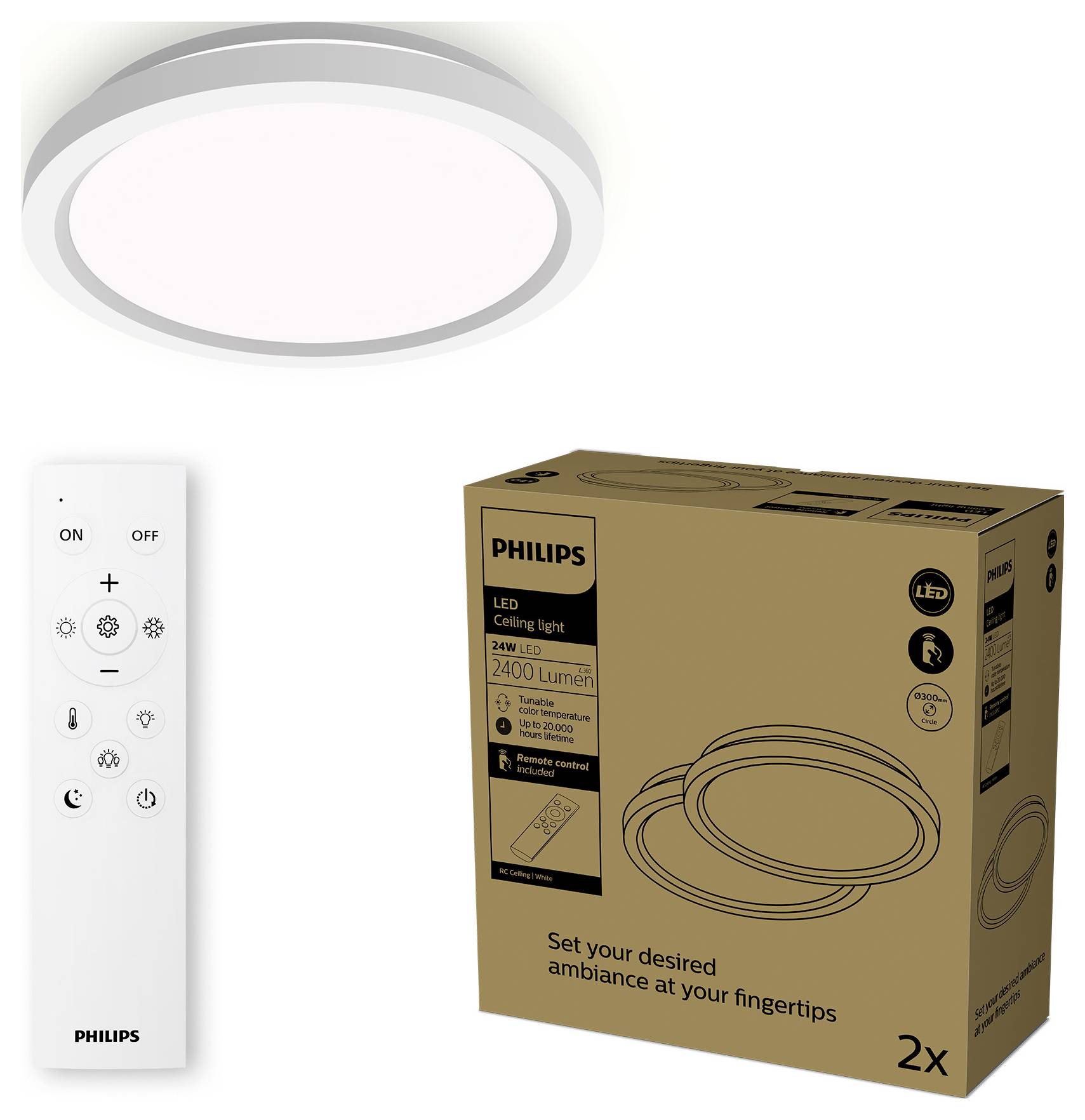 Un plafonnier LED Philips avec télécommande est présenté à côté de sa boîte d'emballage. La boîte met en avant une luminosité de '2400 lumens'.