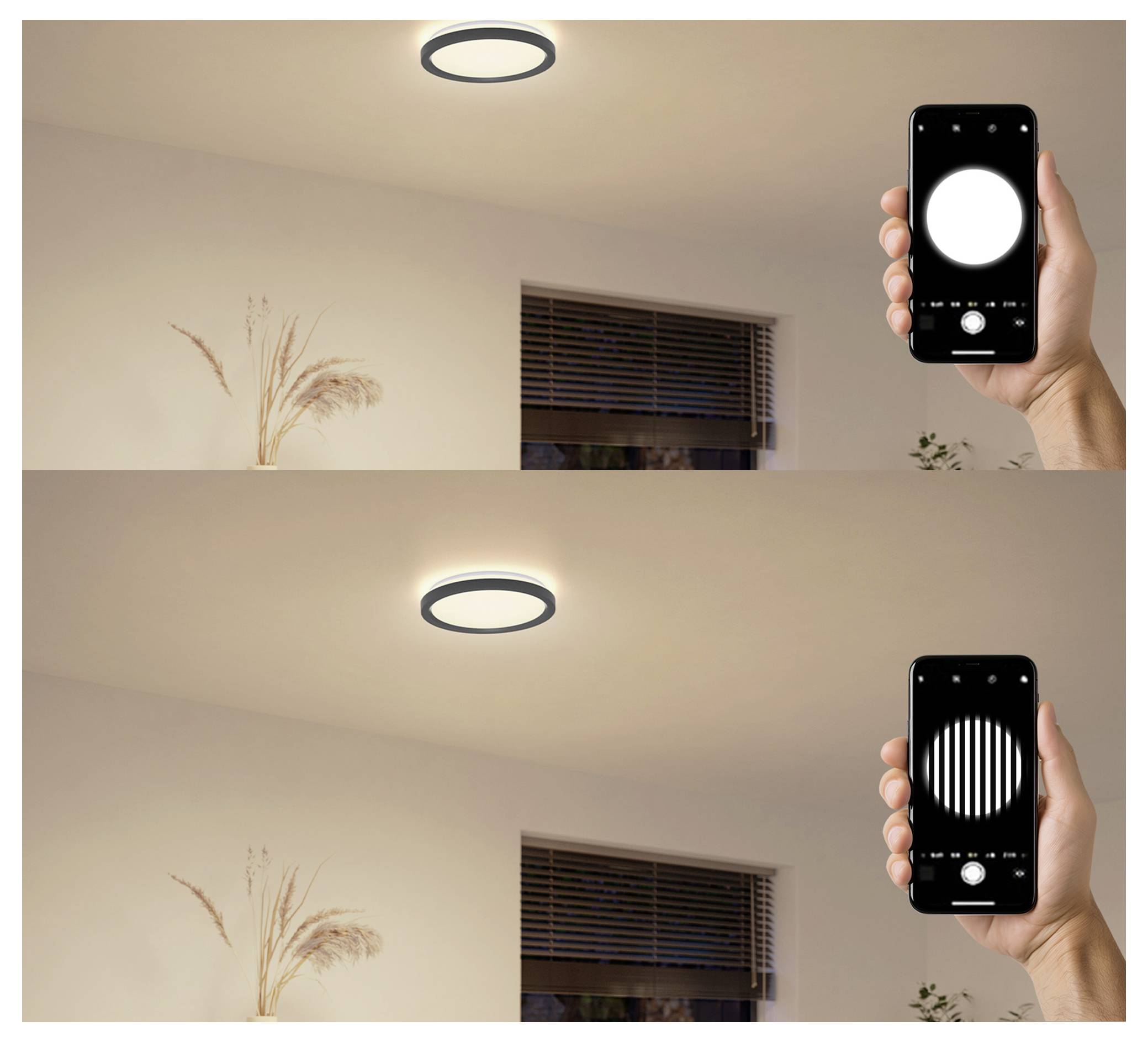 Une personne tient un smartphone contrôlant la luminosité et le motif d'un plafonnier, présenté dans deux réglages : lumière unie et lumière rayée.