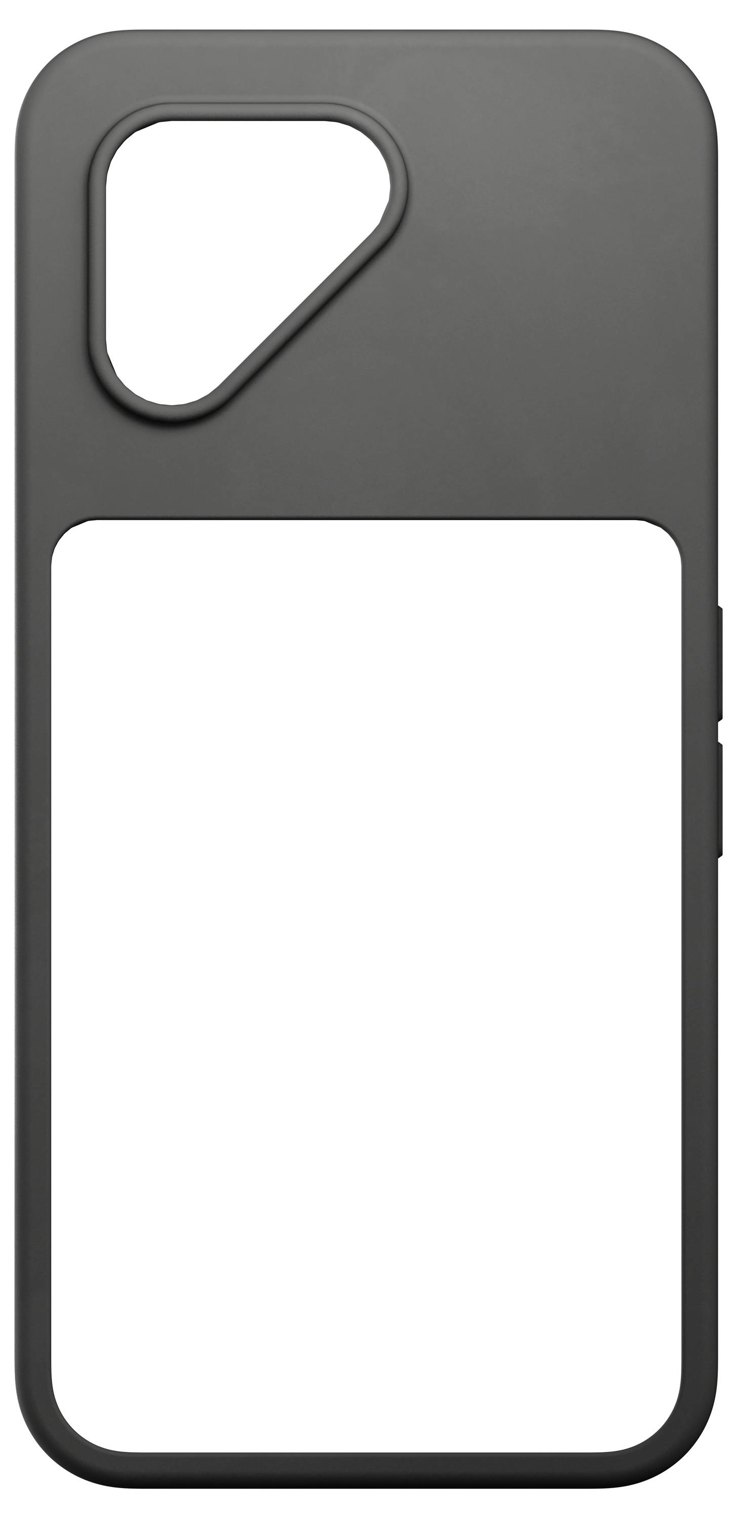 Un étui de téléphone noir avec deux sections : une grande ouverture pour l'écran et une plus petite ouverture pour la caméra en haut à gauche.