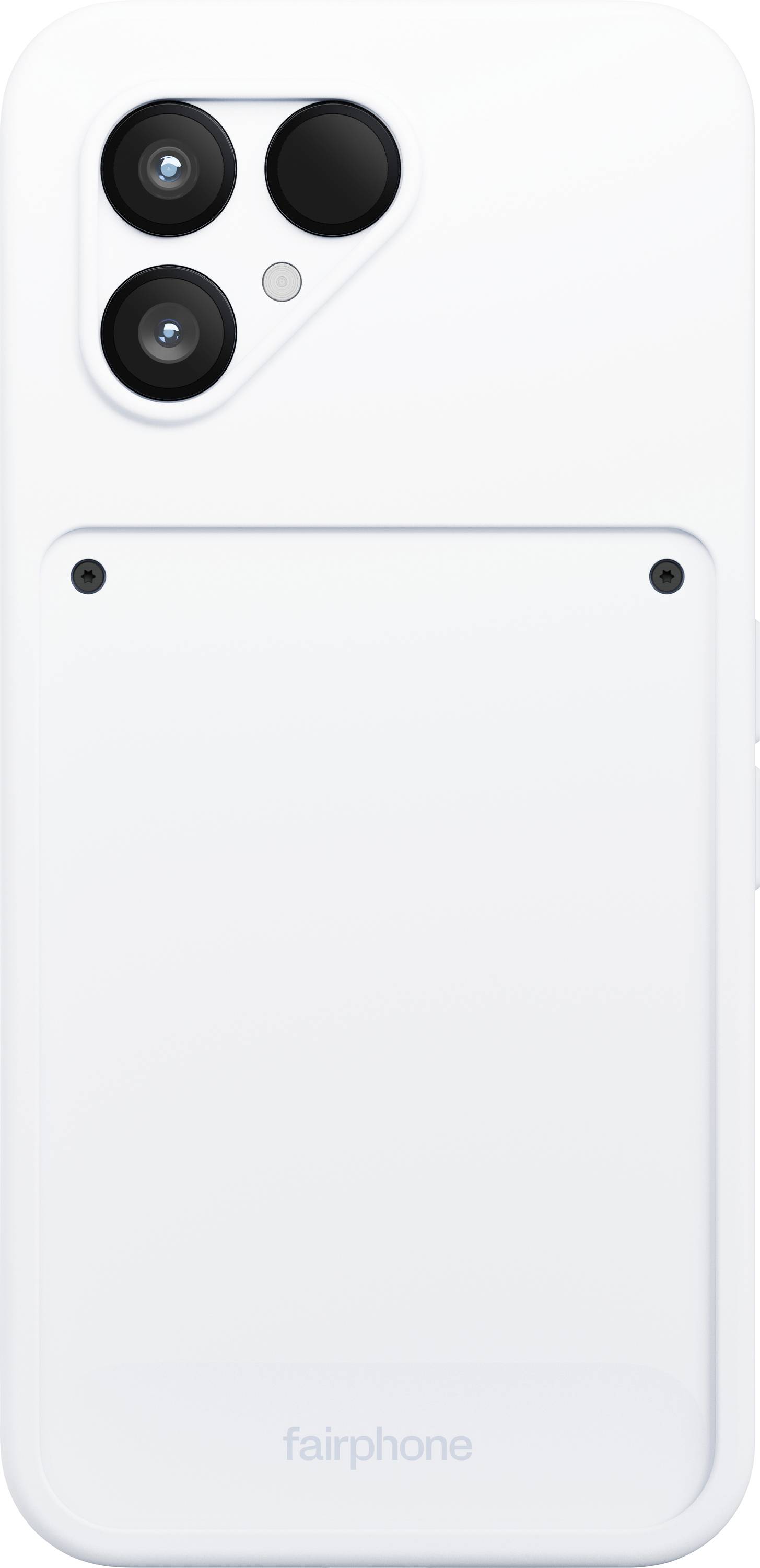 L'image montre l'arrière d'un smartphone blanc avec deux caméras arrière et le mot « fairphone » en bas.