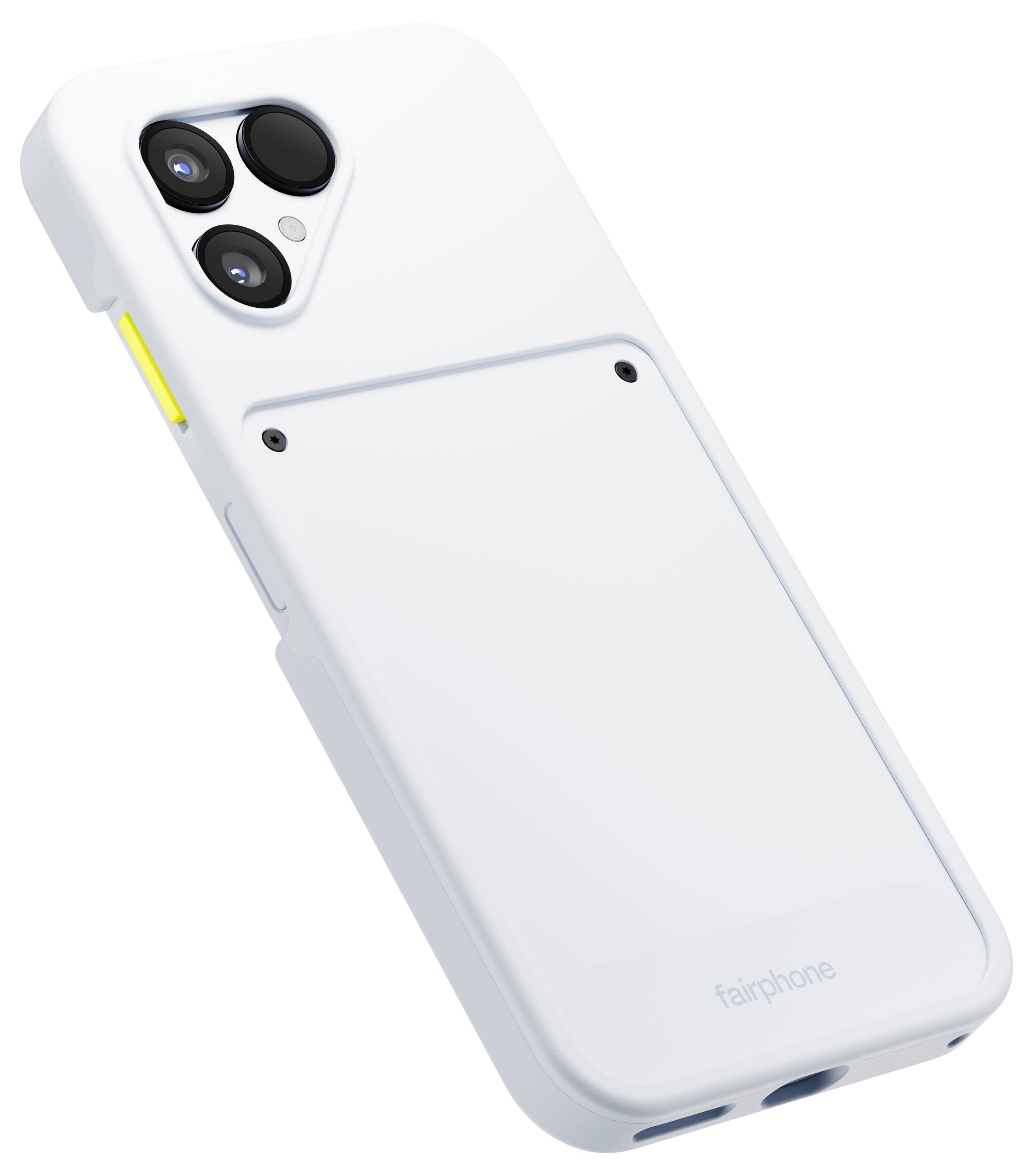 Un boîtier Fairphone blanc montrant son double système de caméras, un bouton latéral jaune et sa conception modulaire, soulignant sa durabilité et sa réparabilité.