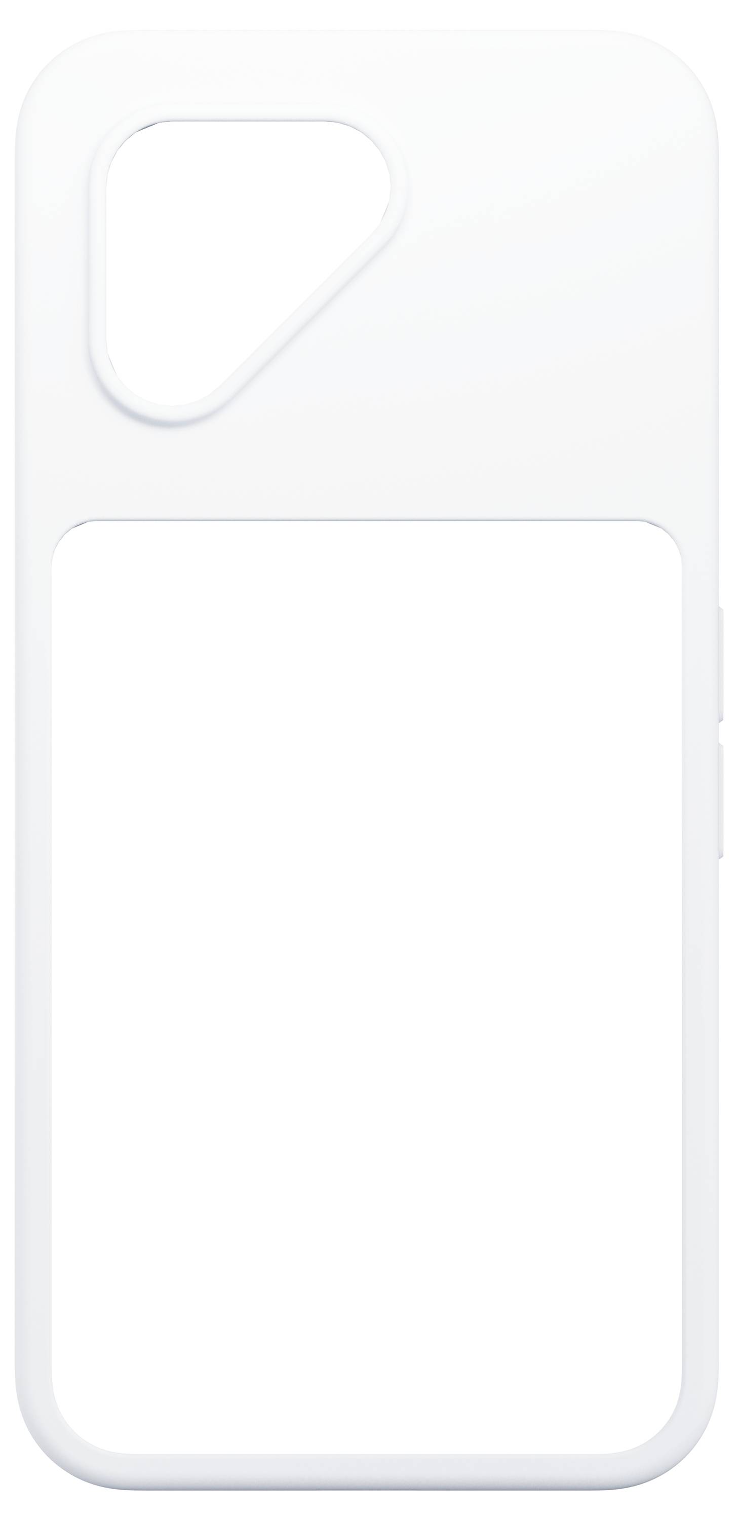 Un étui de téléphone blanc et minimaliste avec une découpe carrée sur la moitié inférieure et une découpe irrégulière pour la zone de l'appareil photo sur la partie supérieure.