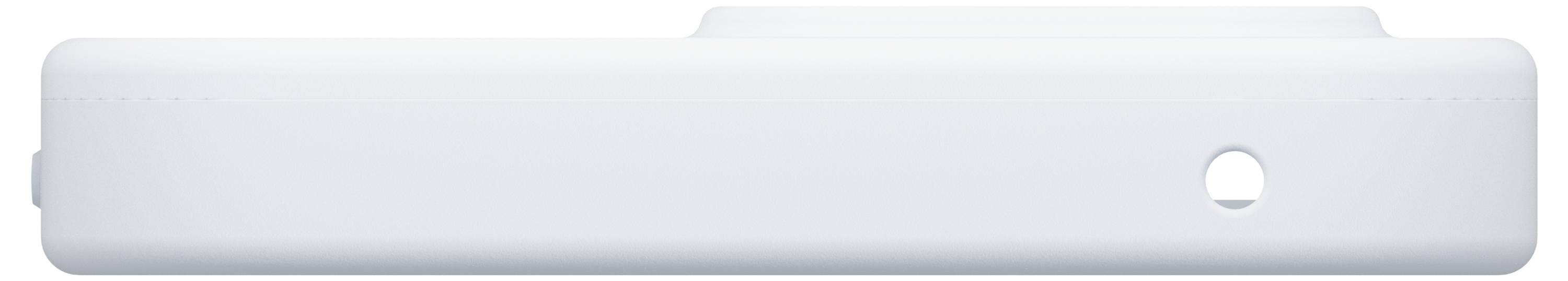 Une vue de côté d'un appareil électronique blanc, élégant, plat, aux bords arrondis avec une découpe circulaire sur un côté.