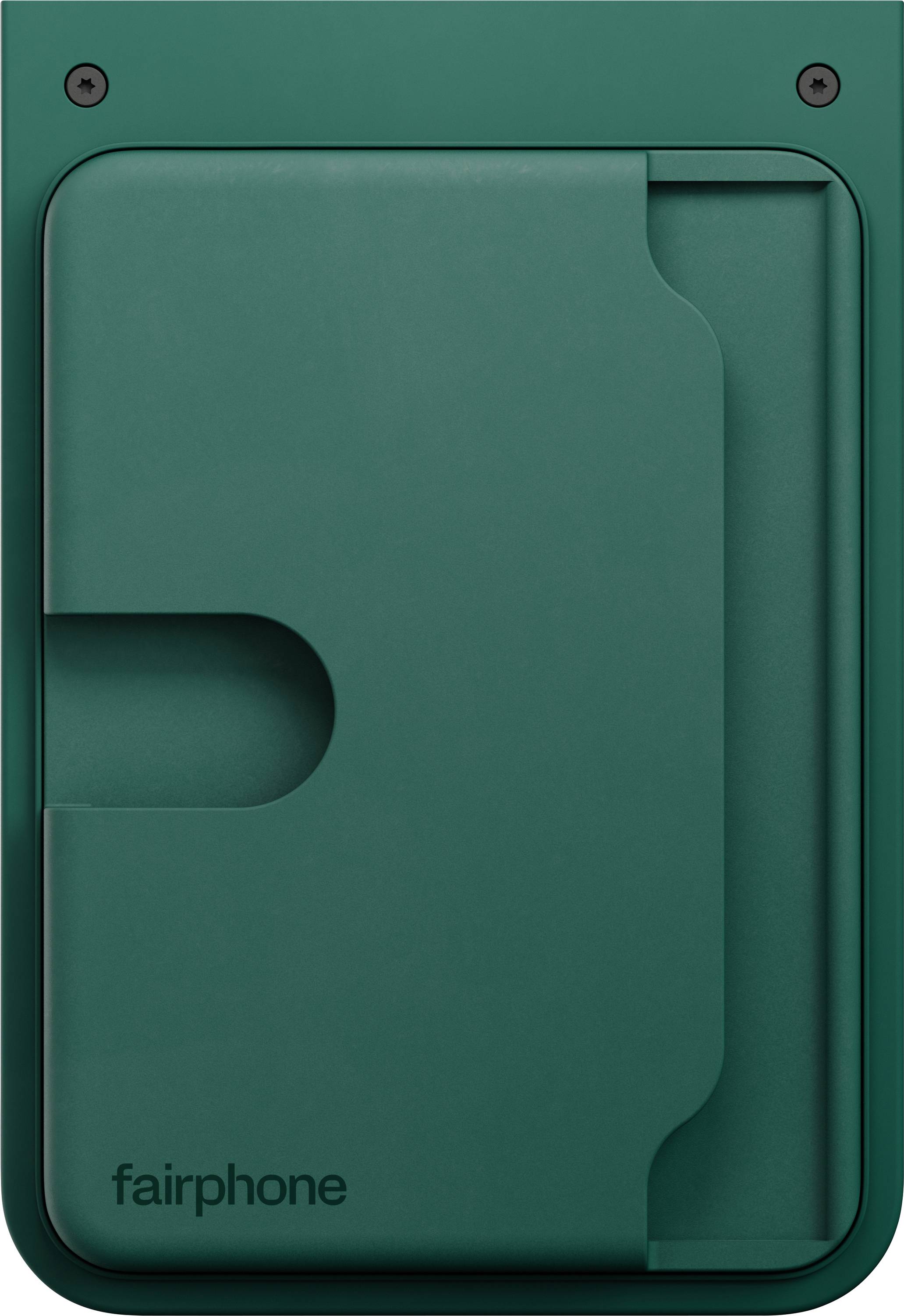 Un étui vert Fairphone au design lisse et minimaliste, comprenant une encoche incurvée et des vis noires dans les coins supérieurs.