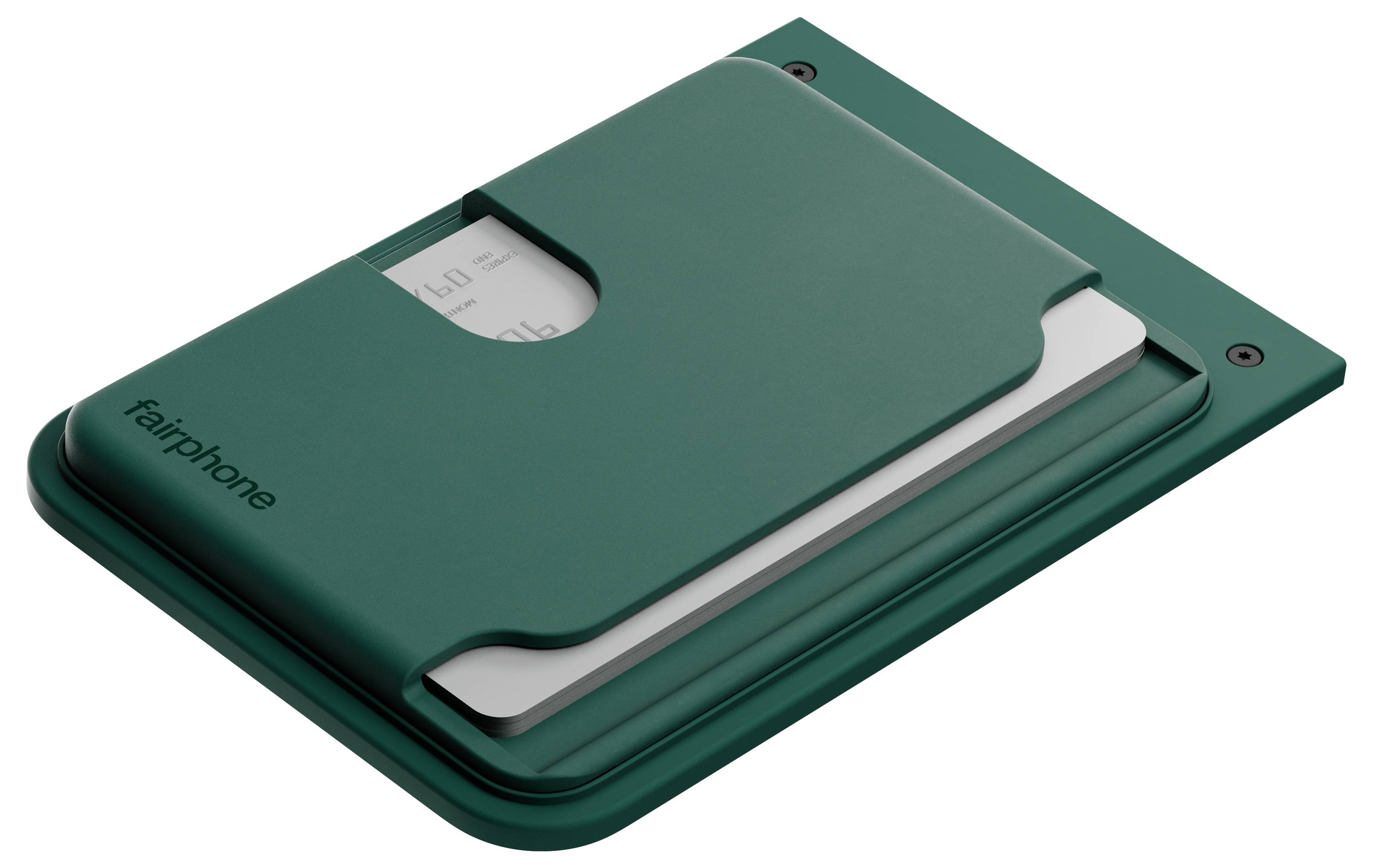 Un étui de protection vert pour Fairphone, partiellement ouvert, révélant une carte blanche à l'intérieur. L'étui est plat avec un design minimaliste.