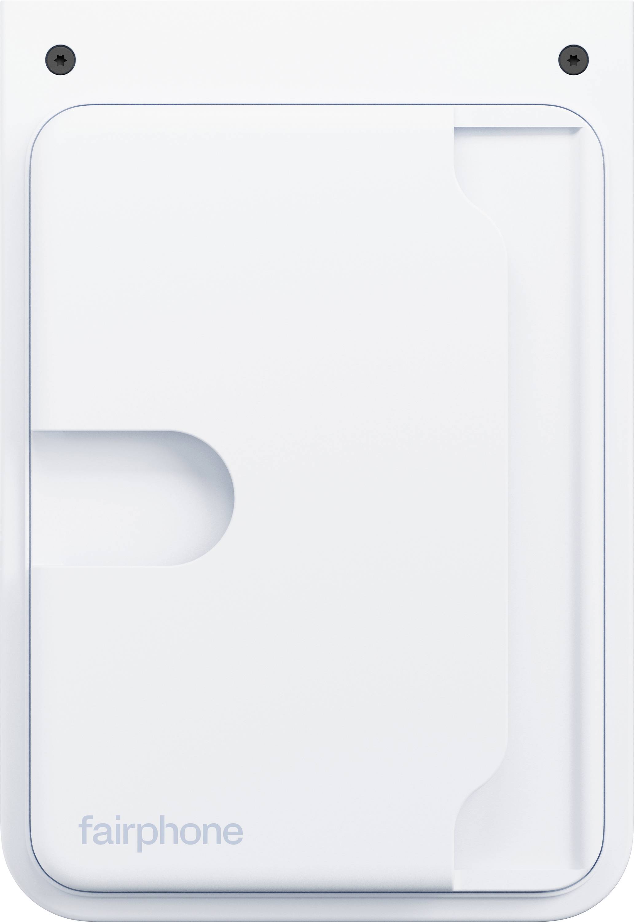 Un étui de téléphone blanc avec le logo 'fairphone' en bas, présentant un design minimaliste avec deux vis visibles en haut.