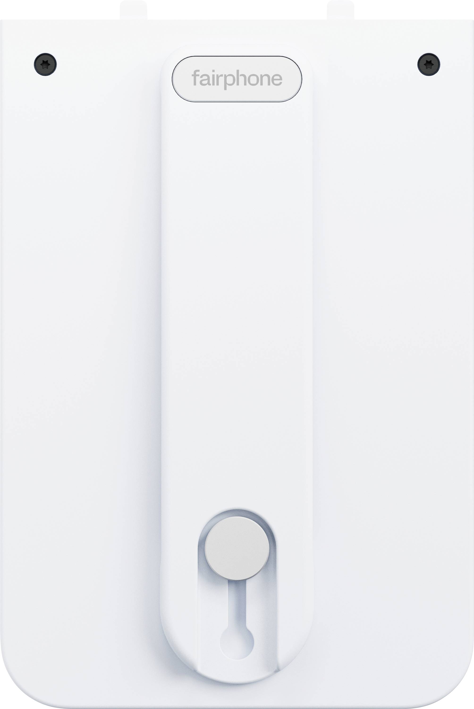L'image montre l'arrière d'un appareil électronique blanc sur lequel est inscrit « fairphone » près du haut, avec une poignée verticale centrale permettant la fixation ou la manipulation.