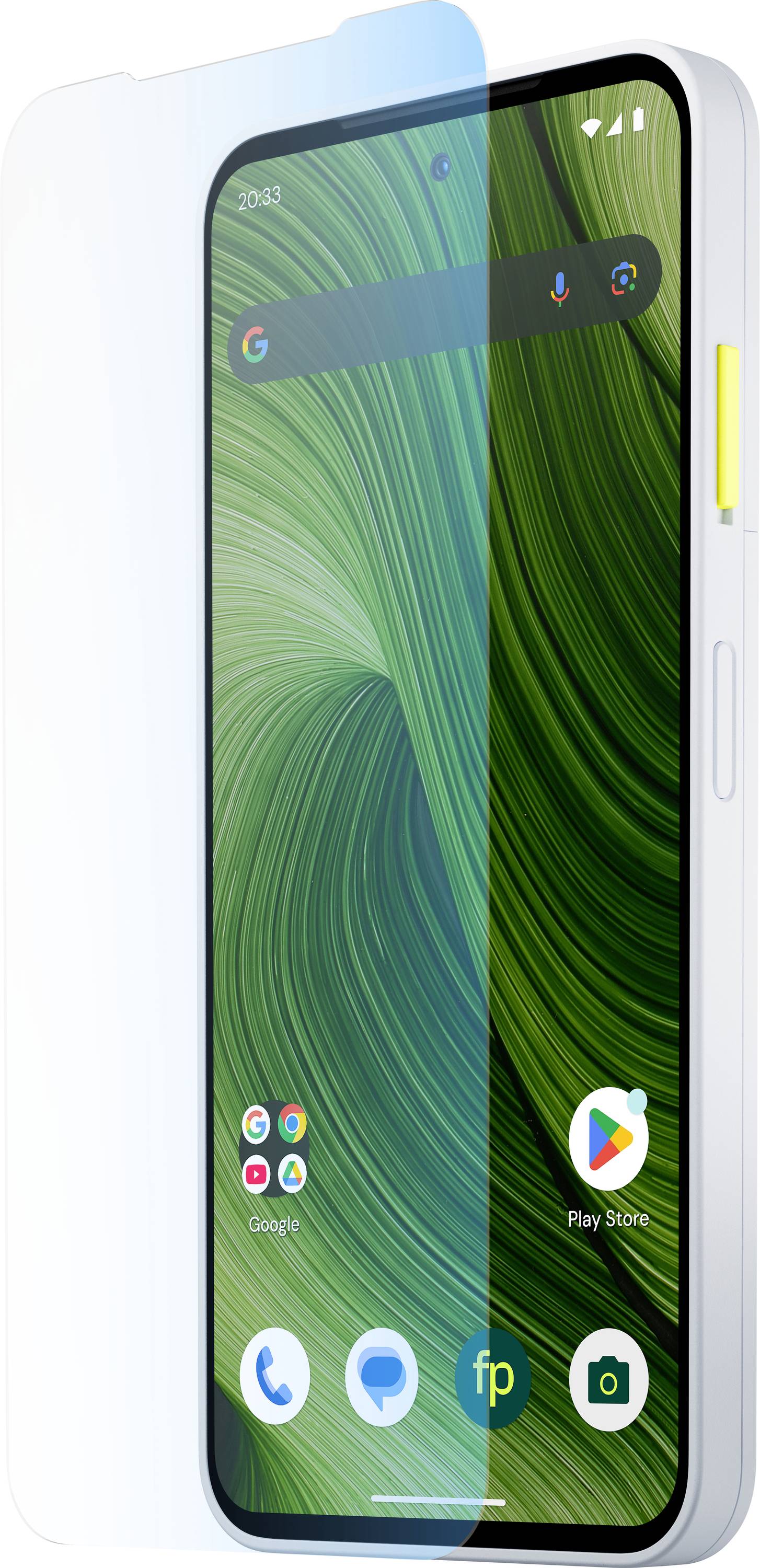 Un smartphone avec un fond d'écran à motif tourbillonnant vert, sur lequel sont affichées plusieurs icônes d'applications. Un protecteur d'écran est partiellement appliqué.