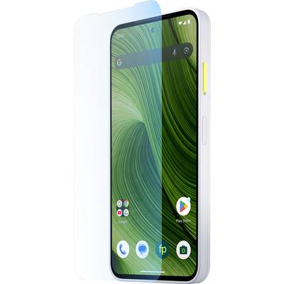 Un smartphone avec un fond d'écran à motif tourbillonnant vert, sur lequel sont affichées plusieurs icônes d'applications. Un protecteur d'écran est partiellement appliqué.