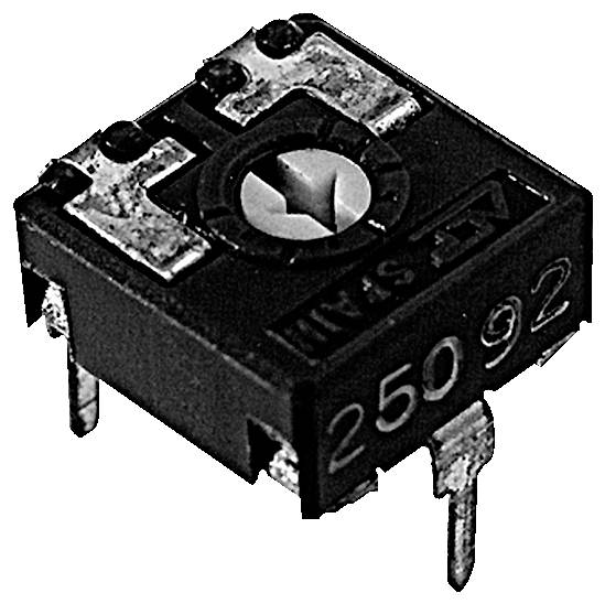 Un potentiomètre noir avec une fente supérieure pour ajuster la résistance. Il possède trois broches métalliques pour les connexions électriques et le numéro '25092' sur le côté.