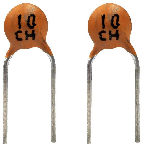 Deux condensateurs céramiques orange portant des marquages noirs '10 CH', chacun équipé de deux broches métalliques pour une utilisation en composant électronique.