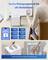Une personne assise dans une pièce moderne utilise un purificateur d'air avec six modes, affichés sur une application mobile. Un texte en allemand promeut la facilité d'utilisation et de rangement.