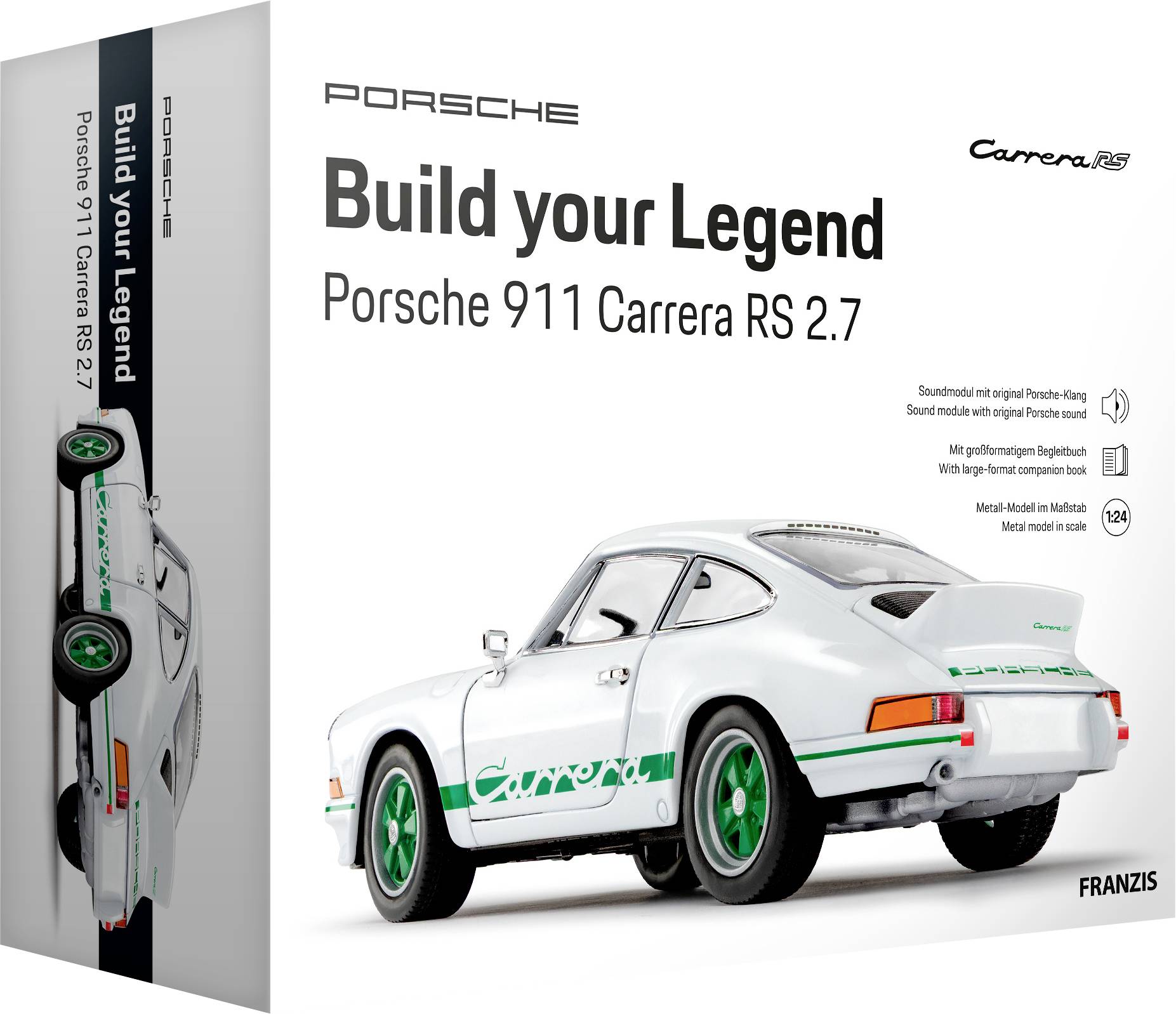 Couverture de boîte présentant une maquette du Porsche 911 Carrera RS 2.7. La voiture est blanche avec des accents verts. Le texte indique « Construisez votre Légende ».