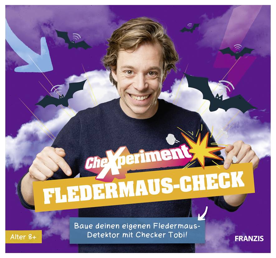 Une personne souriante pointe un texte indiquant 'Fledermaus-Check'. Des chauves-souris illustrées et des nuages apparaissent autour. Le texte suggère la construction d'un détecteur de chauves-souris.