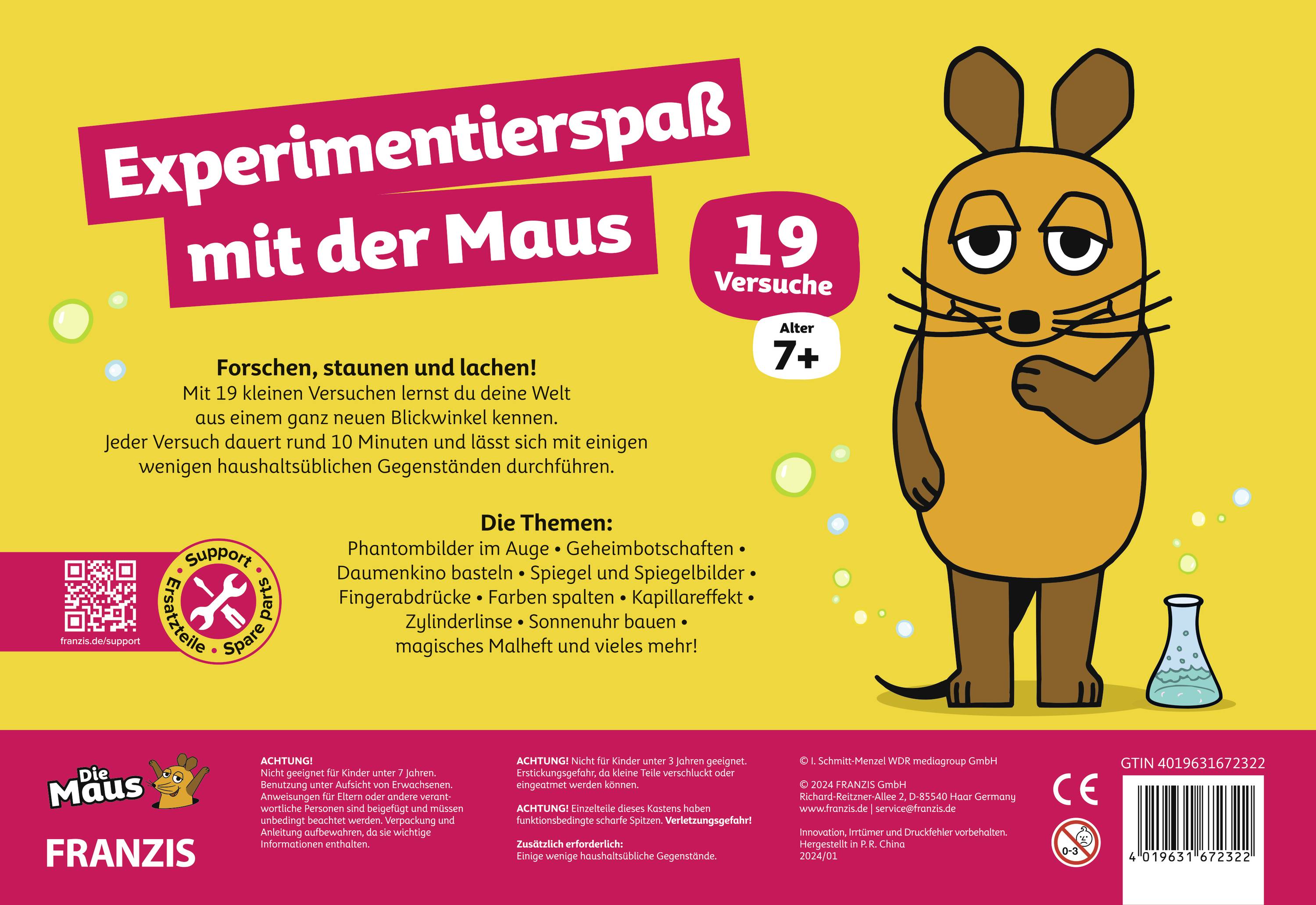 Boîte de kit d'expériences pour enfants avec une souris de dessin animé et le texte : 'Amusez-vous à expérimenter avec la Souris'. Comprend 19 expériences pour les 7 ans et plus.