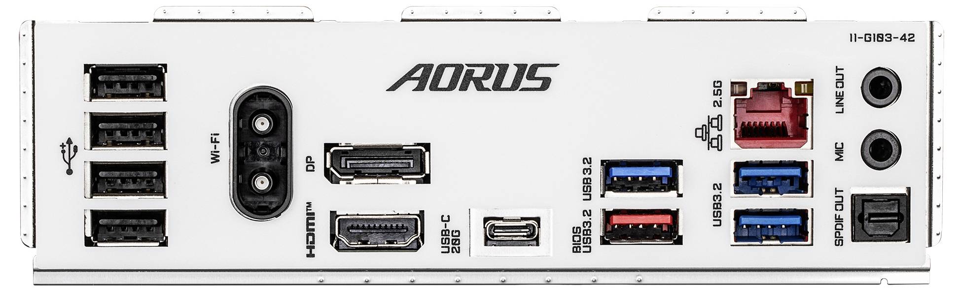 Panneau arrière d'une carte mère avec ports : antennes Wi-Fi, HDMI, DisplayPort, USB-C, USB 3.2, Ethernet et prises audio.
