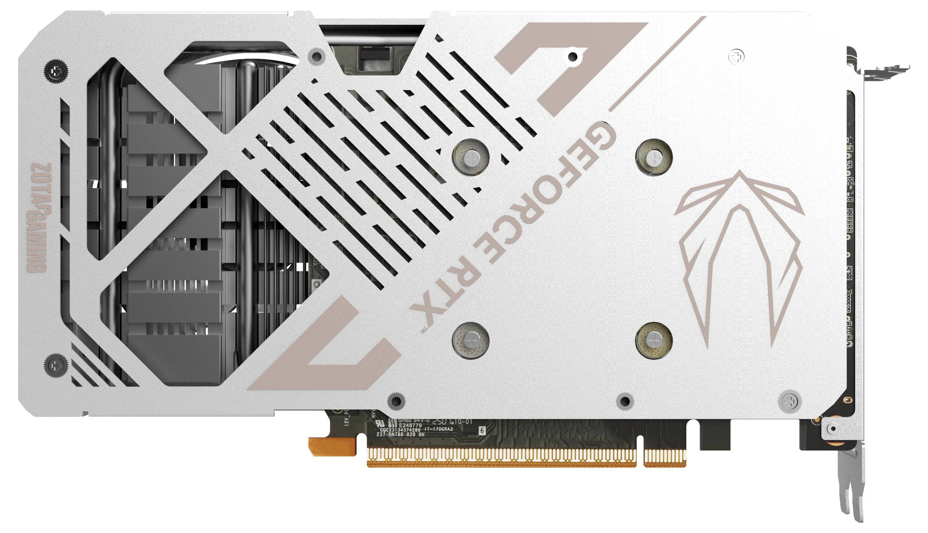 Une carte graphique blanche avec des designs géométriques et le texte 'GEFORCE RTX', montrant des connecteurs métalliques.