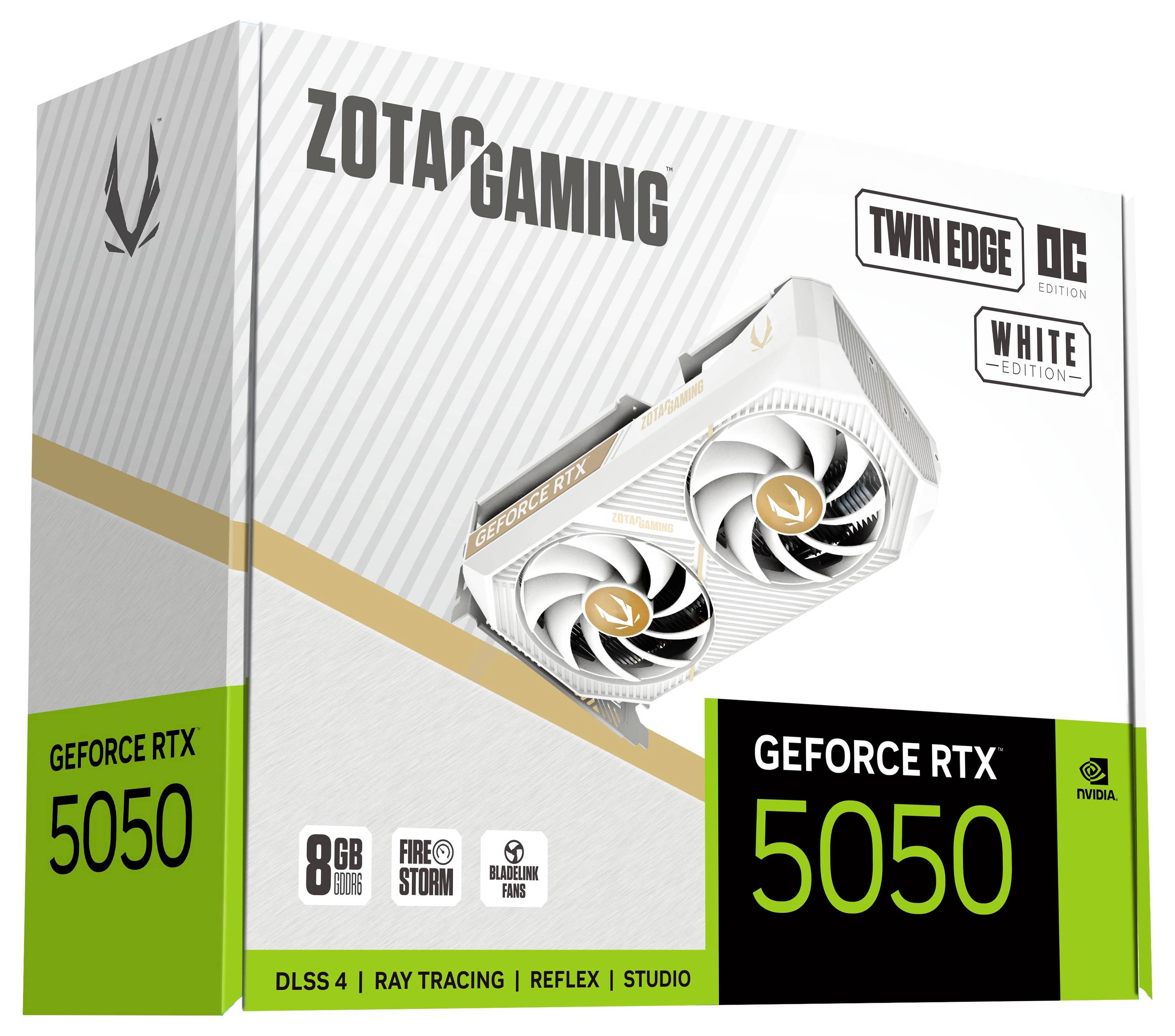 Emballage de la carte graphique ZOTAC GAMING GeForce RTX 5050, mettant en avant l'édition Twin Edge OC Blanche, avec fonctionnalités DLSS 4, ray tracing, mémoire de 8 Go.