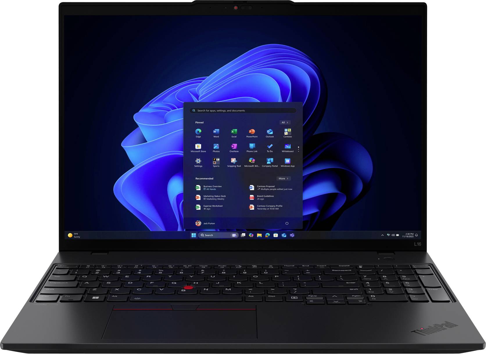 Un ordinateur portable affichant l'écran d'accueil du système d'exploitation Windows avec un fond bleu tourbillonnant, des icônes d'applications et un menu Démarrer visible.
