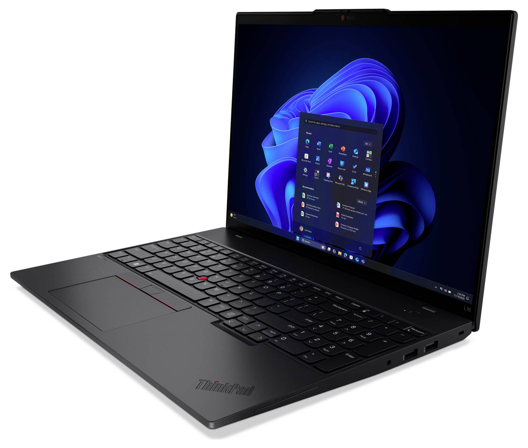 Un ordinateur portable noir affichant un écran de bureau Windows avec un fond d'écran bleu tourbillonnant et le menu Démarrer ouvert.