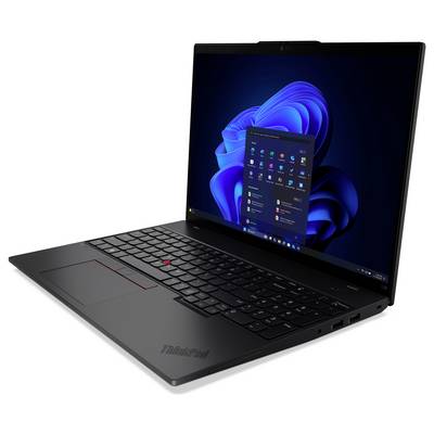 Un ordinateur portable noir affichant un écran de bureau Windows avec un fond d'écran bleu tourbillonnant et le menu Démarrer ouvert.