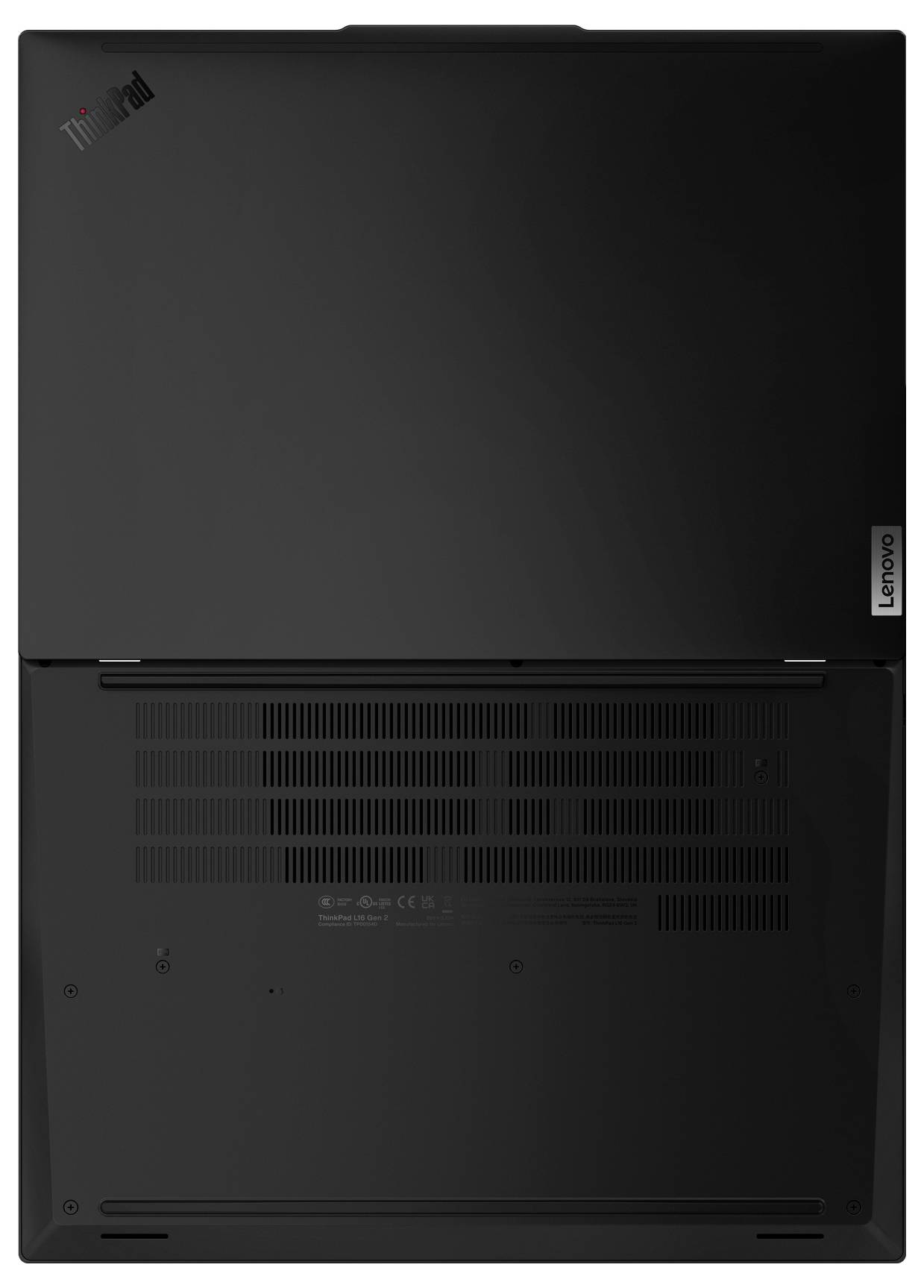 L'image montre le dos noir et fermé d'un ordinateur portable Lenovo ThinkPad avec des grilles de ventilation visibles et des logos de marque.