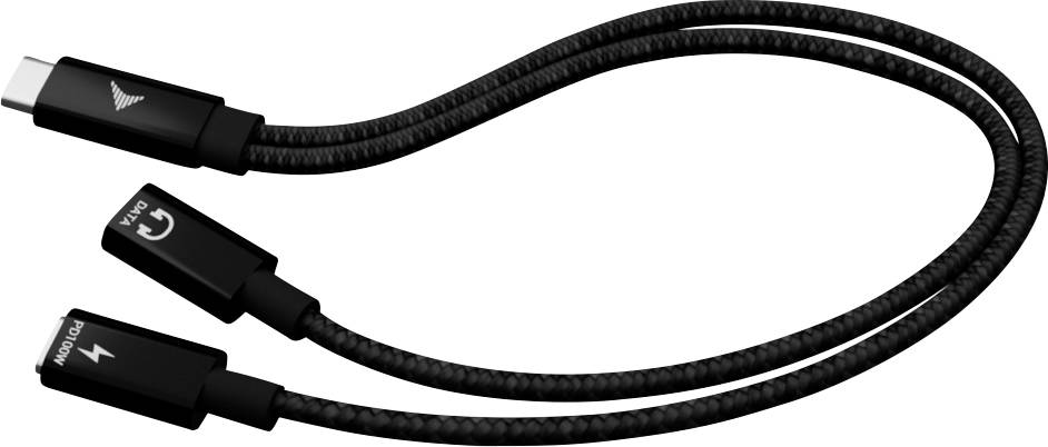 Un câble de charge tressé avec un connecteur USB-C se séparant en deux câbles, étiquetés « HDMI » et « PD/Charge », indiquant une double fonctionnalité.