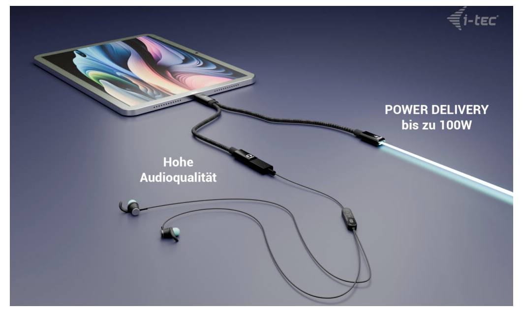 Tablette connectée à des écouteurs et à un chargeur. Le texte indique : « Haute qualité audio » et « POWER DELIVERY jusqu'à 100W », soulignant la qualité et la puissance.