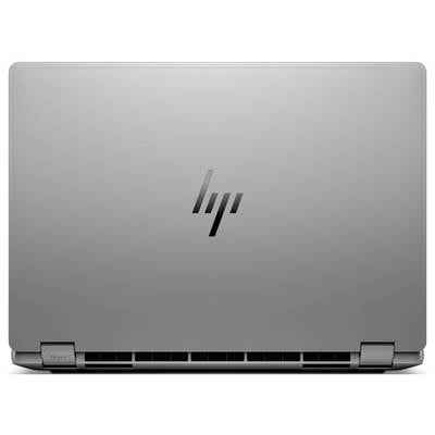 Un ordinateur portable argenté fermé, vue de dessus, montrant le logo HP centré à l'arrière de l'écran.