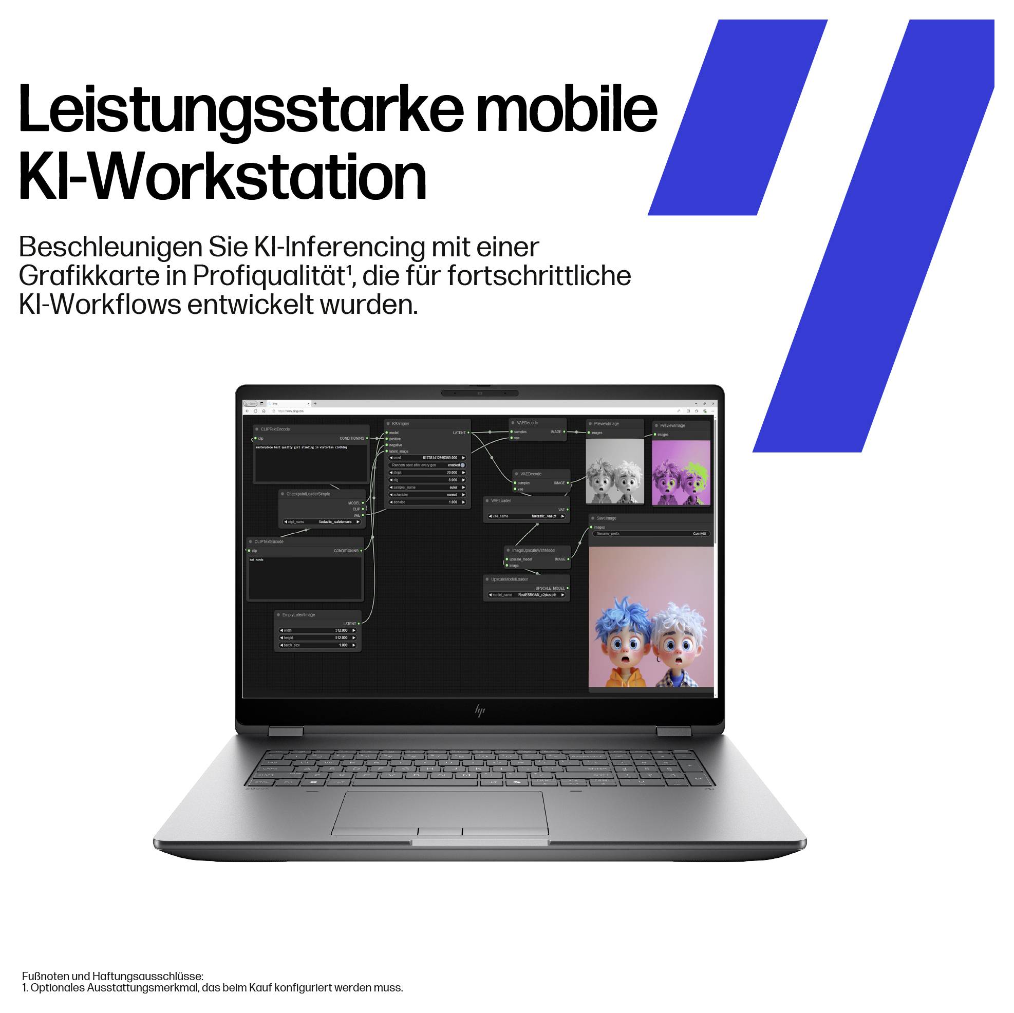 Un ordinateur portable affichant un logiciel de workflow IA avec deux personnages animés. Texte en allemand faisant la promotion d'une station de travail mobile IA haute performance.
