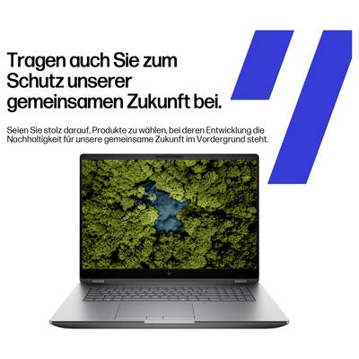 Un ordinateur portable affichant une vue de dessus d'une forêt. Le texte au-dessus indique : « Contribuez également à la protection de notre avenir commun. »