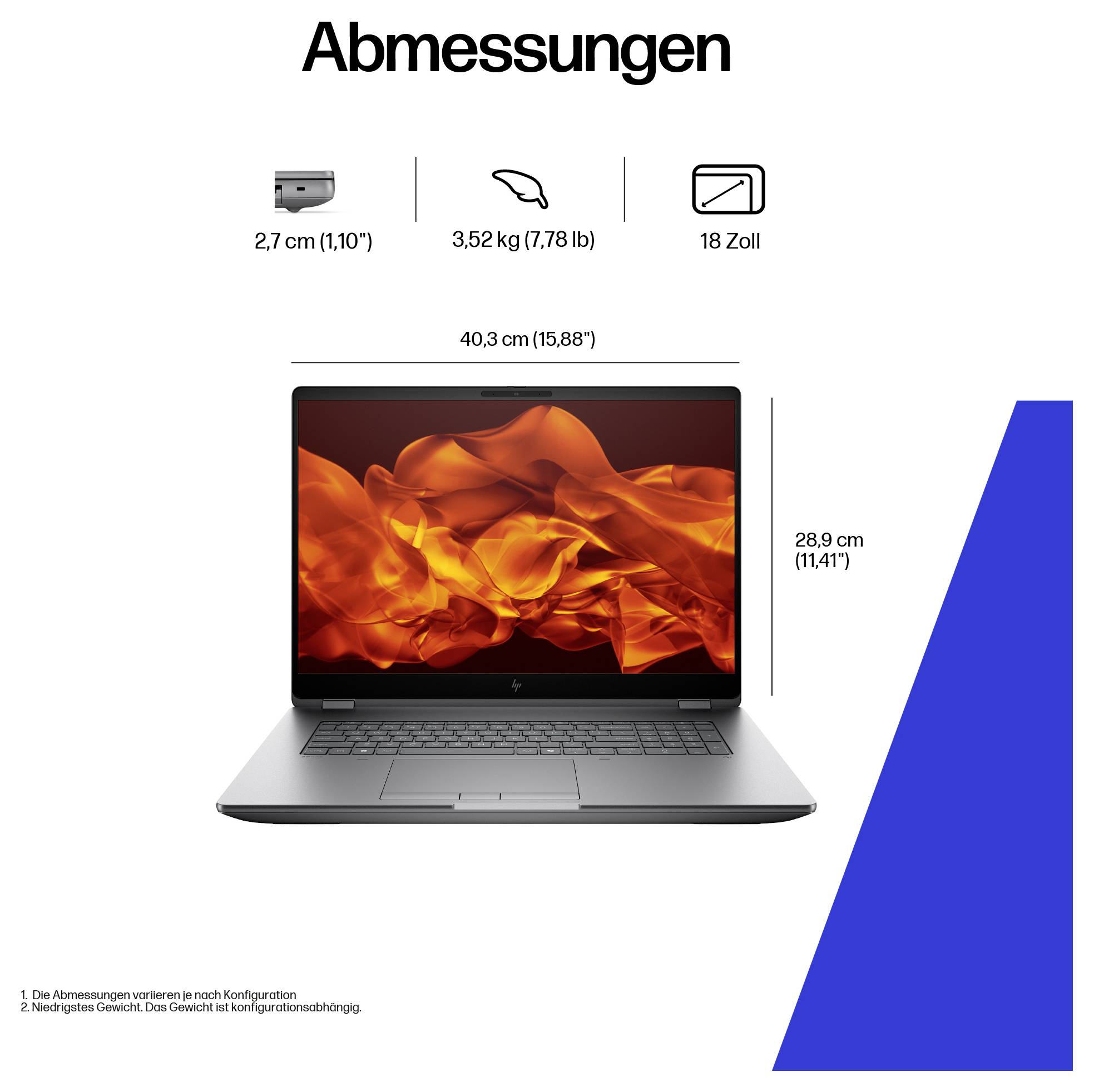 'Abmessungen' présente un ordinateur portable avec les dimensions suivantes : épaisseur de 2,7 cm, poids de 3,52 kg, écran de 18 pouces. Dimensions globales : 40,3 cm x 28,9 cm.