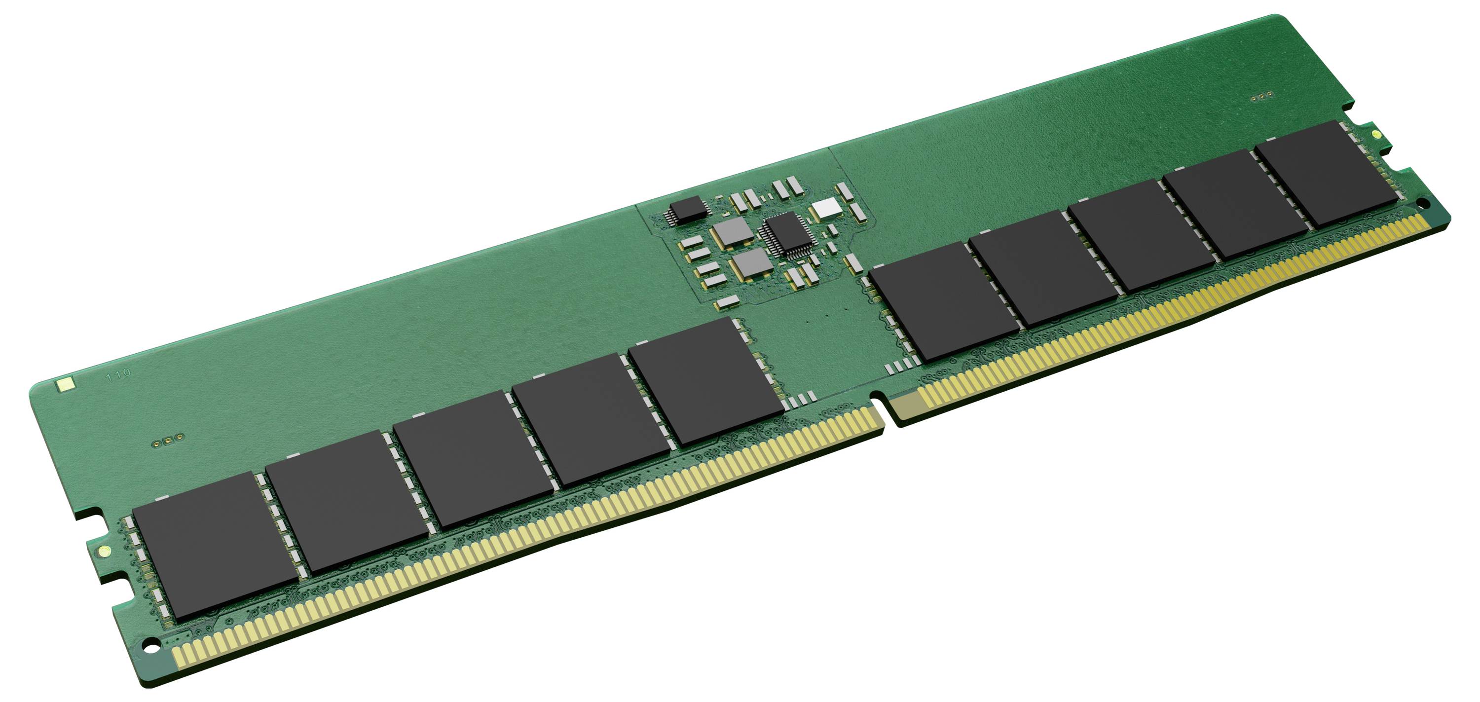 Une barrette de RAM verte avec plusieurs puces mémoire noires et des broches de connexion dorées.