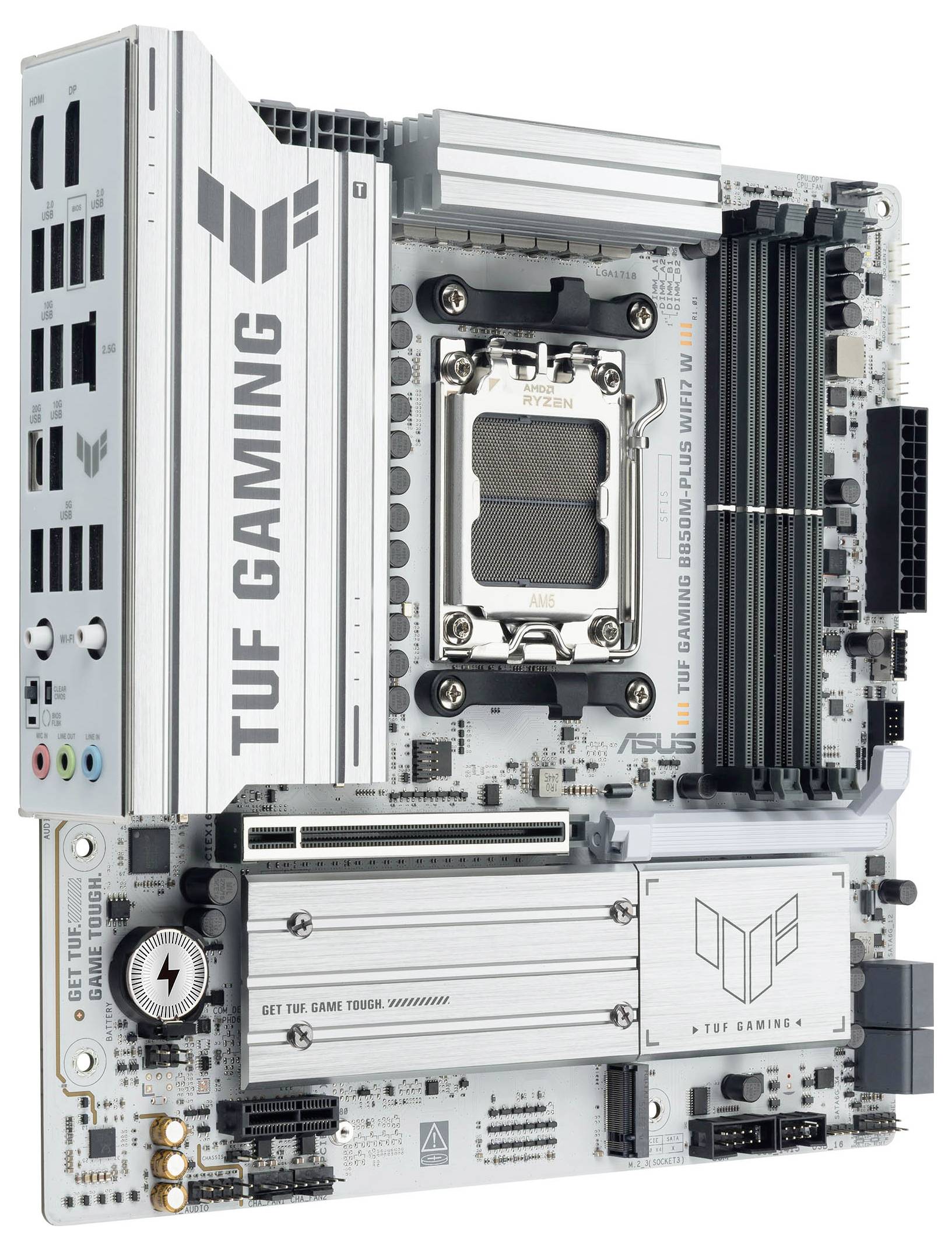 Carte mère 'TUF Gaming' avec socket AMD Ryzen, offrant plusieurs emplacements pour RAM, graphiques et stockage. Conçue pour des performances de jeu de haut niveau.