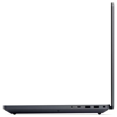 Vue de côté d'un ordinateur portable fin et ouvert sur un fond blanc, montrant son épaisseur minimale et différentes connexions de ports sur le côté droit.
