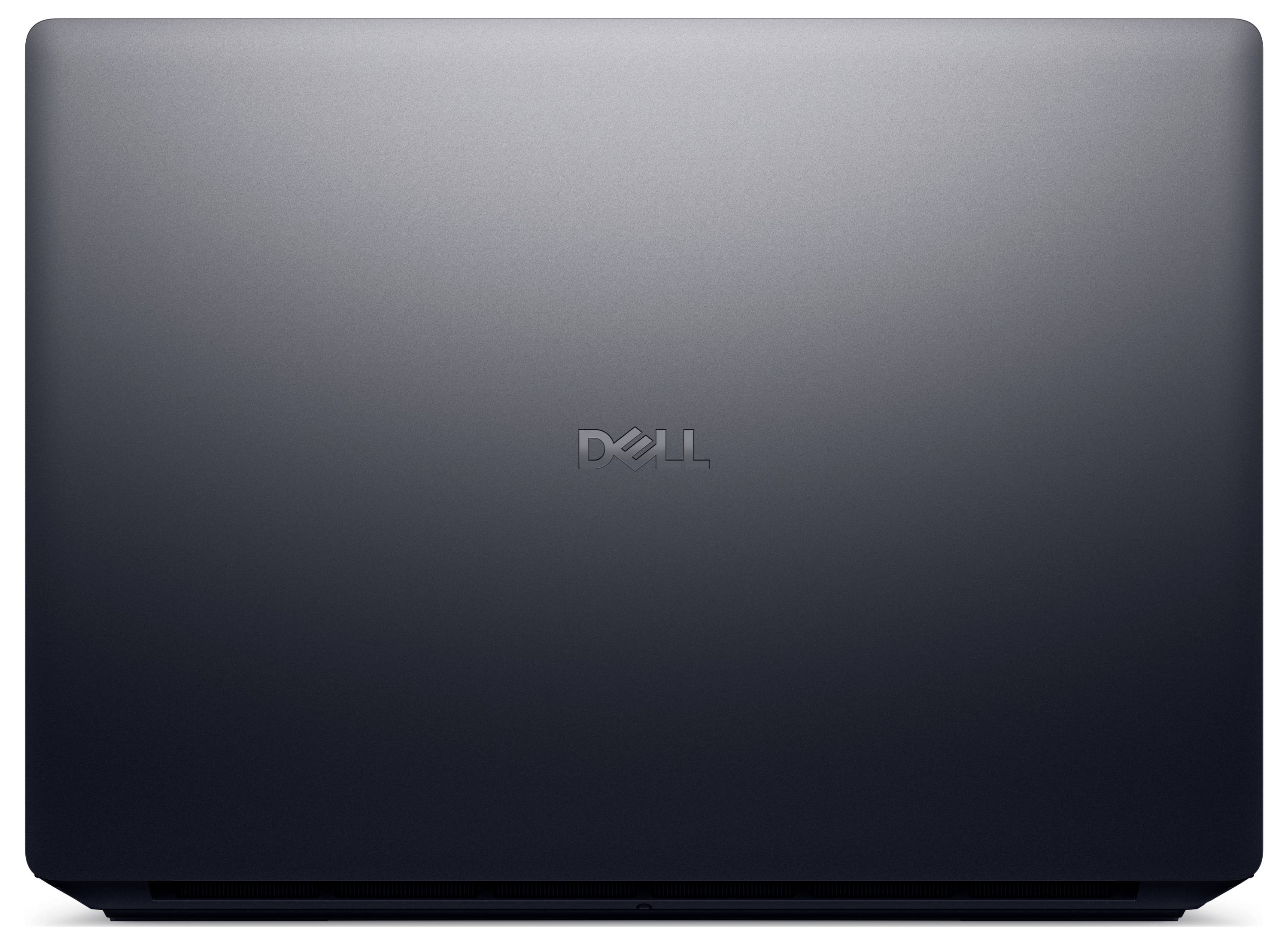 Ordinateur portable Dell fermé avec une finition gris foncé élégante. Le logo Dell est centré sur le couvercle supérieur.